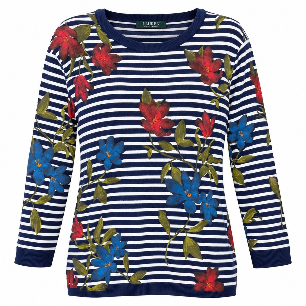 Lauren Ralph Lauren Nautical Preppy Floral Stripe Top Womens XL Coastal Grandma